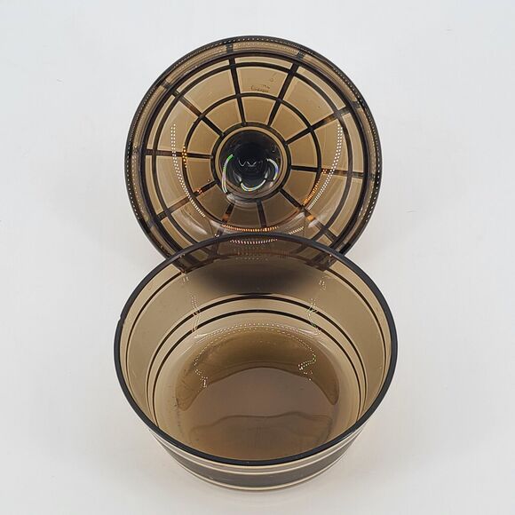 Vintage Smoky Glass Trinket Candy Dish Lid Gold Stripes - Picture 3 of 4